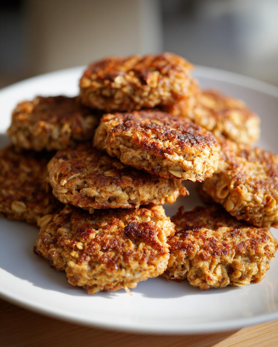 Close-up of a stack of Tuna & Oat Cat Crunchies on a white plate, perfect cat treats.