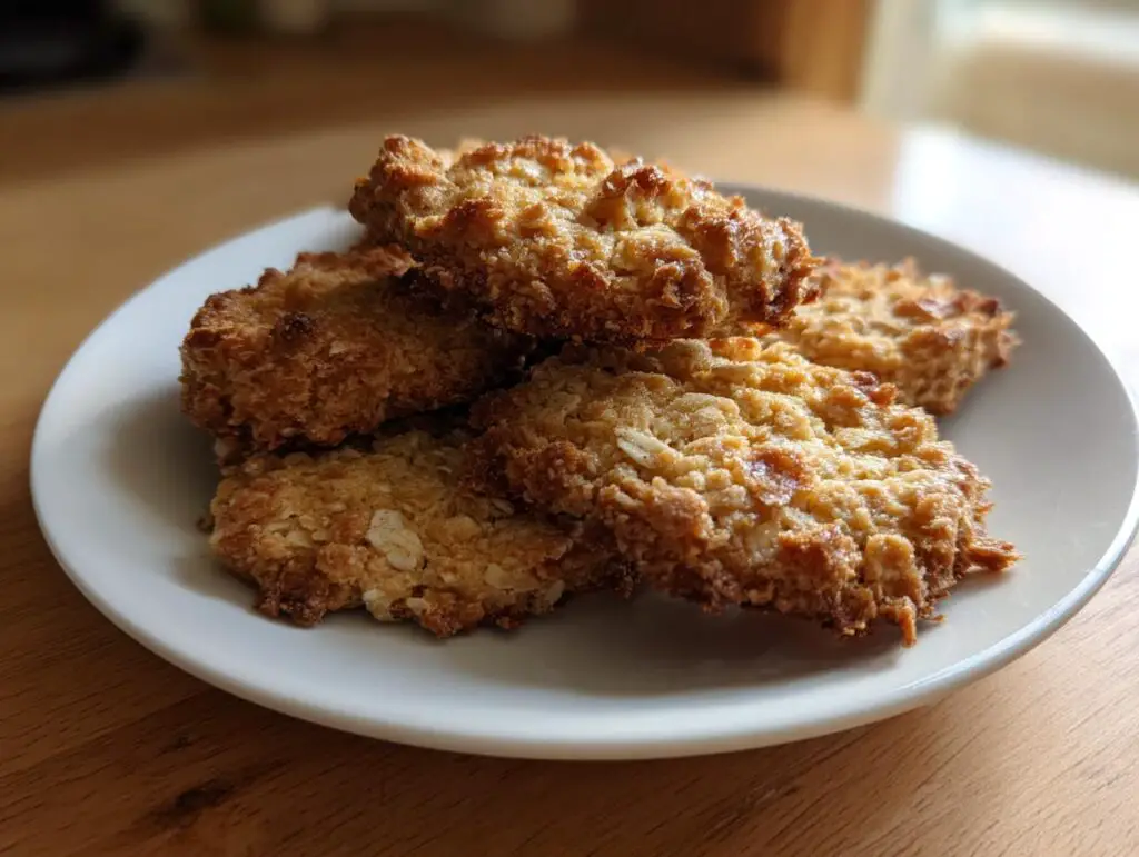 Close-up of Tuna & Oat Cat Crunchies, a homemade cat treat recipe, on a white plate.