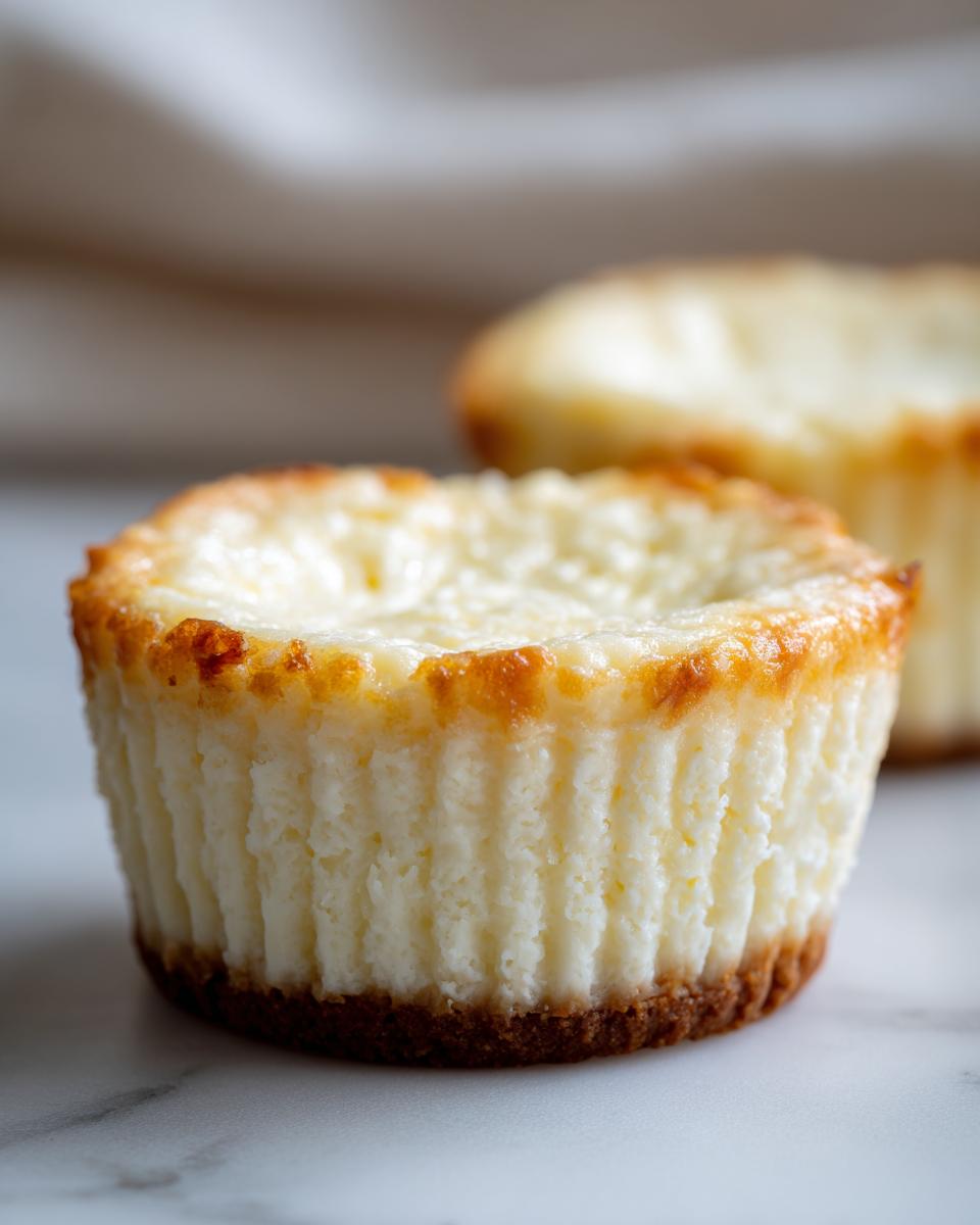 Close-up of a golden-brown Viral Two-Ingredient Cheesecake Cup, showing the creamy filling and crust.