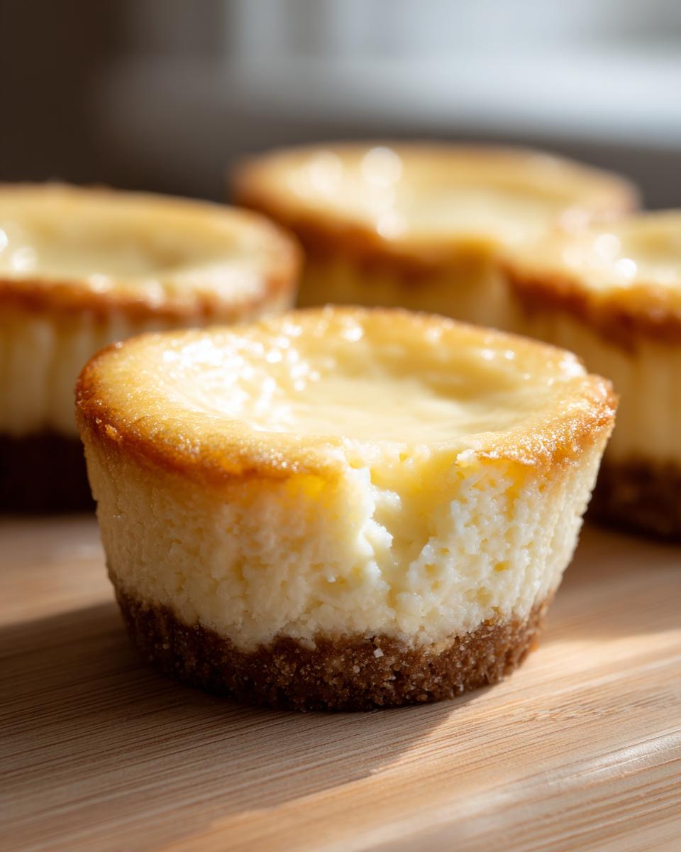Close-up of baked Viral Two-Ingredient Cheesecake Cups on a wooden surface, showing the crust and creamy filling.