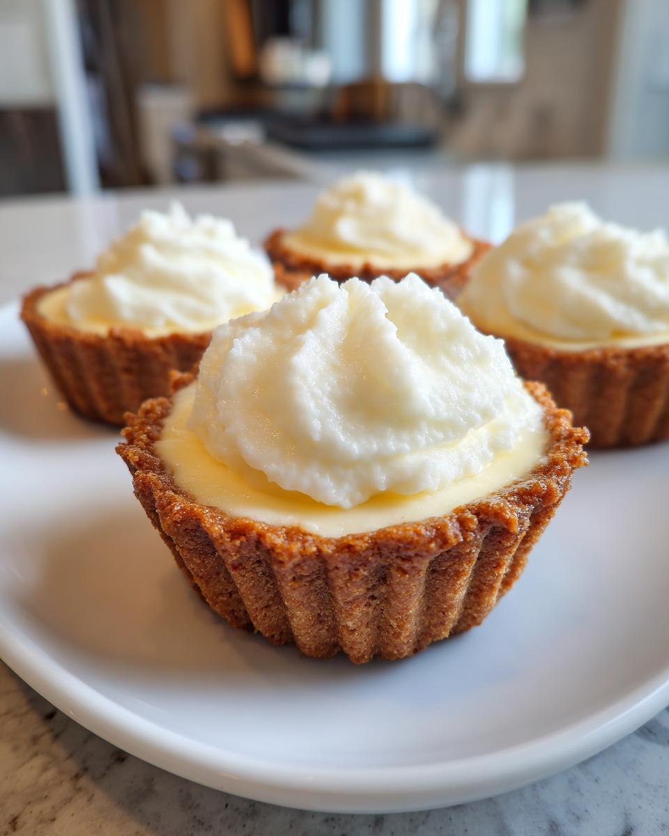 Close-up of several Viral Two-Ingredient Cheesecake Cups on a white plate, topped with whipped cream.