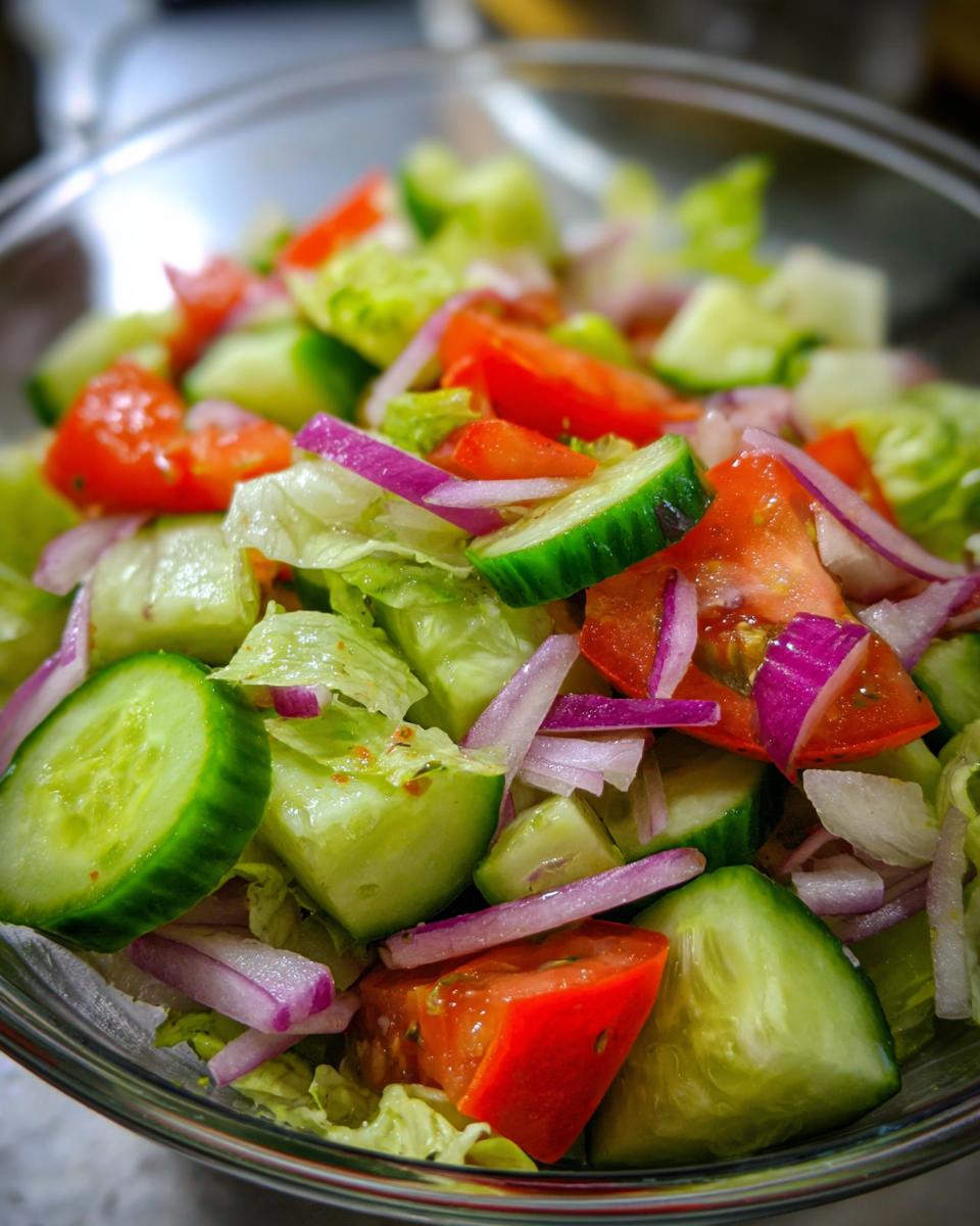 Close-up of a fresh salad with tomatoes, cucumbers, red onion, and lettuce, perfect for a 15-minute salad.