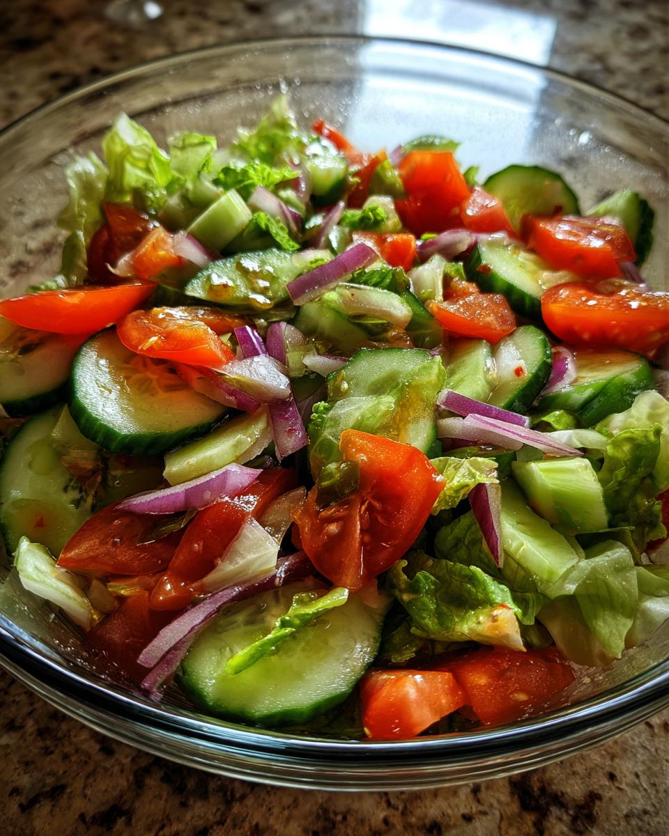 Close-up of a fresh salad with tomatoes, cucumbers, and red onion, a perfect 15-minute salad.