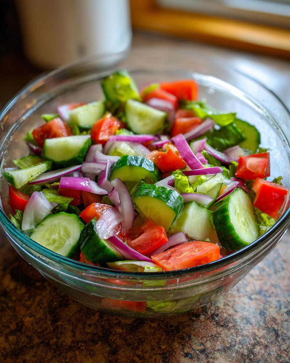 Close-up of a fresh 15-minute salad with tomatoes, cucumbers, and red onion in a glass bowl. Perfect for a quick meal.