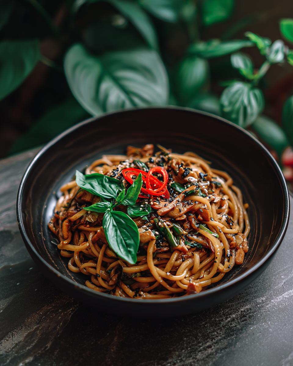 Close-up of a bowl of Asian pasta salad, garnished with basil and chili.