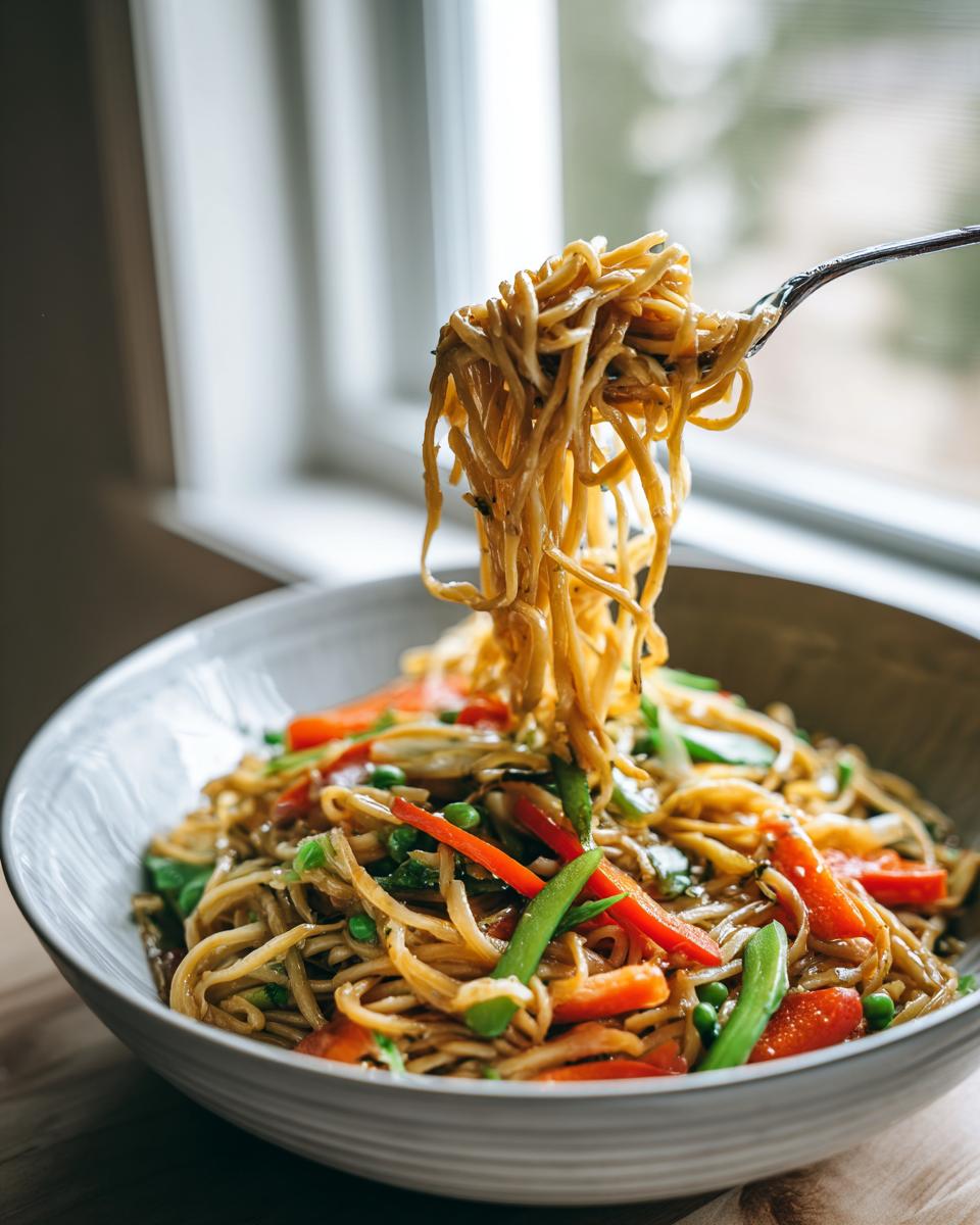 Close-up of Asian pasta salad with noodles, vegetables, and sauce, featuring the pasta salad asian.