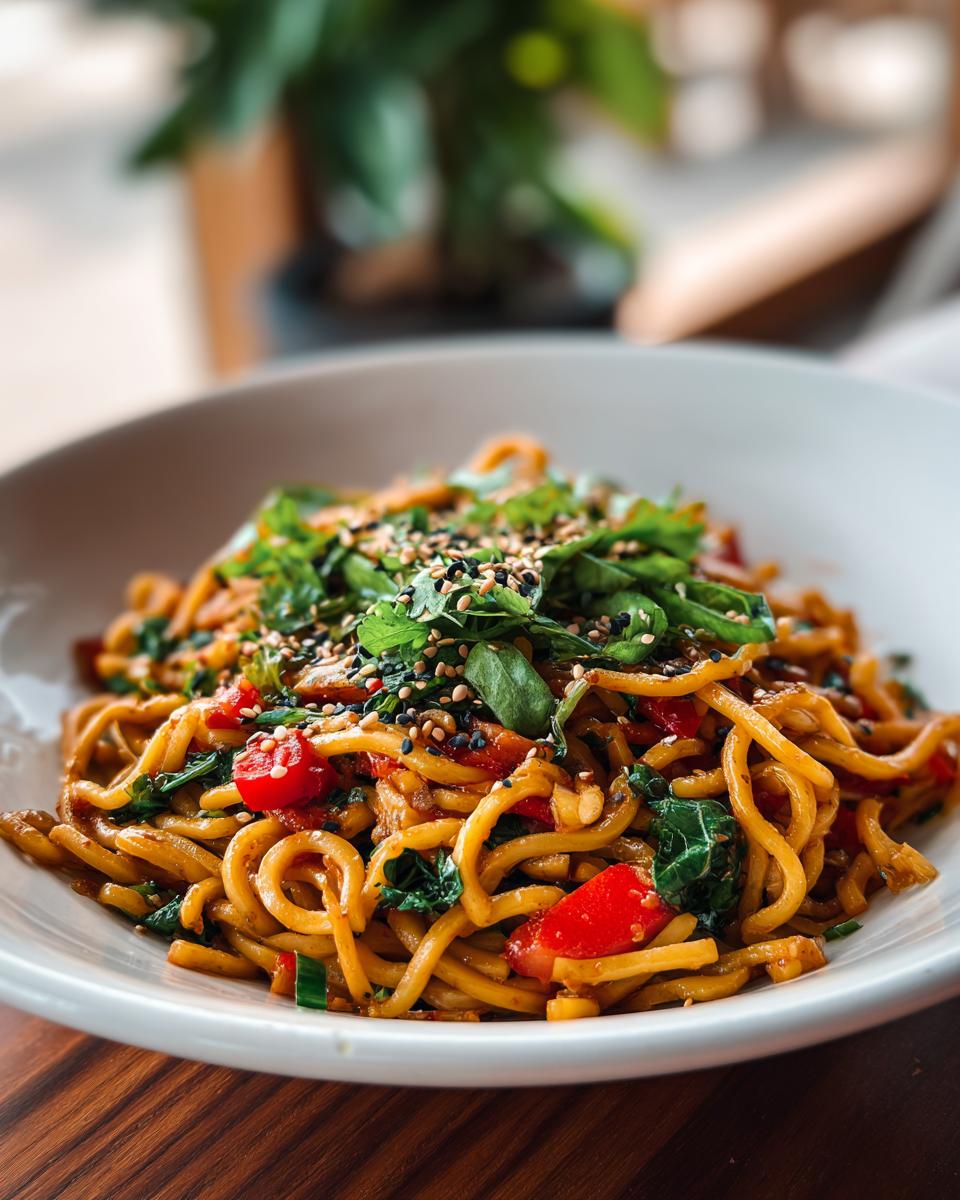 Close-up of a bowl of Asian pasta salad with noodles, vegetables, and sesame seeds. The pasta salad asian is ready to eat.