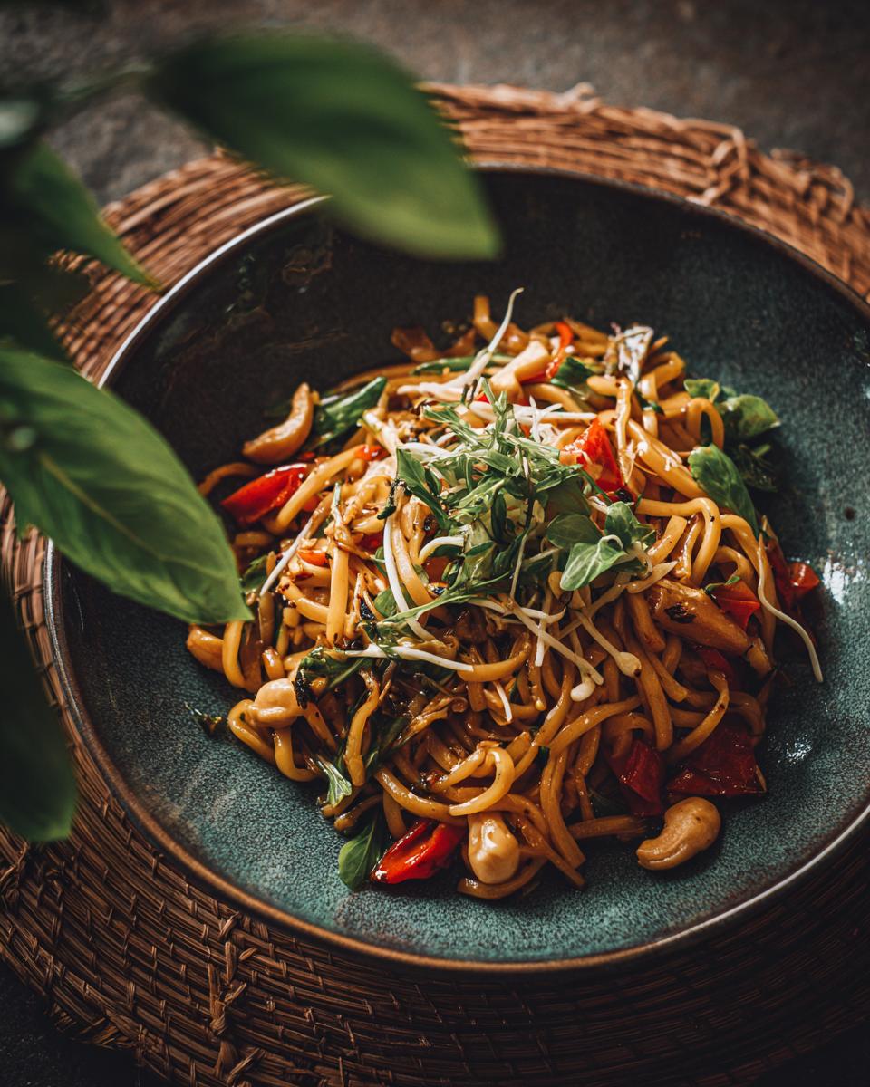 Close-up of a bowl of Asian pasta salad with noodles, vegetables, and cashews. This pasta salad asian is delicious!