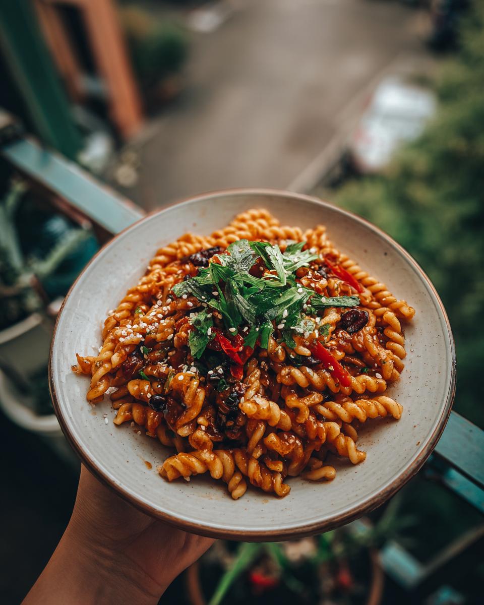 Close-up of a bowl of Asian pasta salad with sesame seeds and herbs. The pasta salad asian is ready to eat.