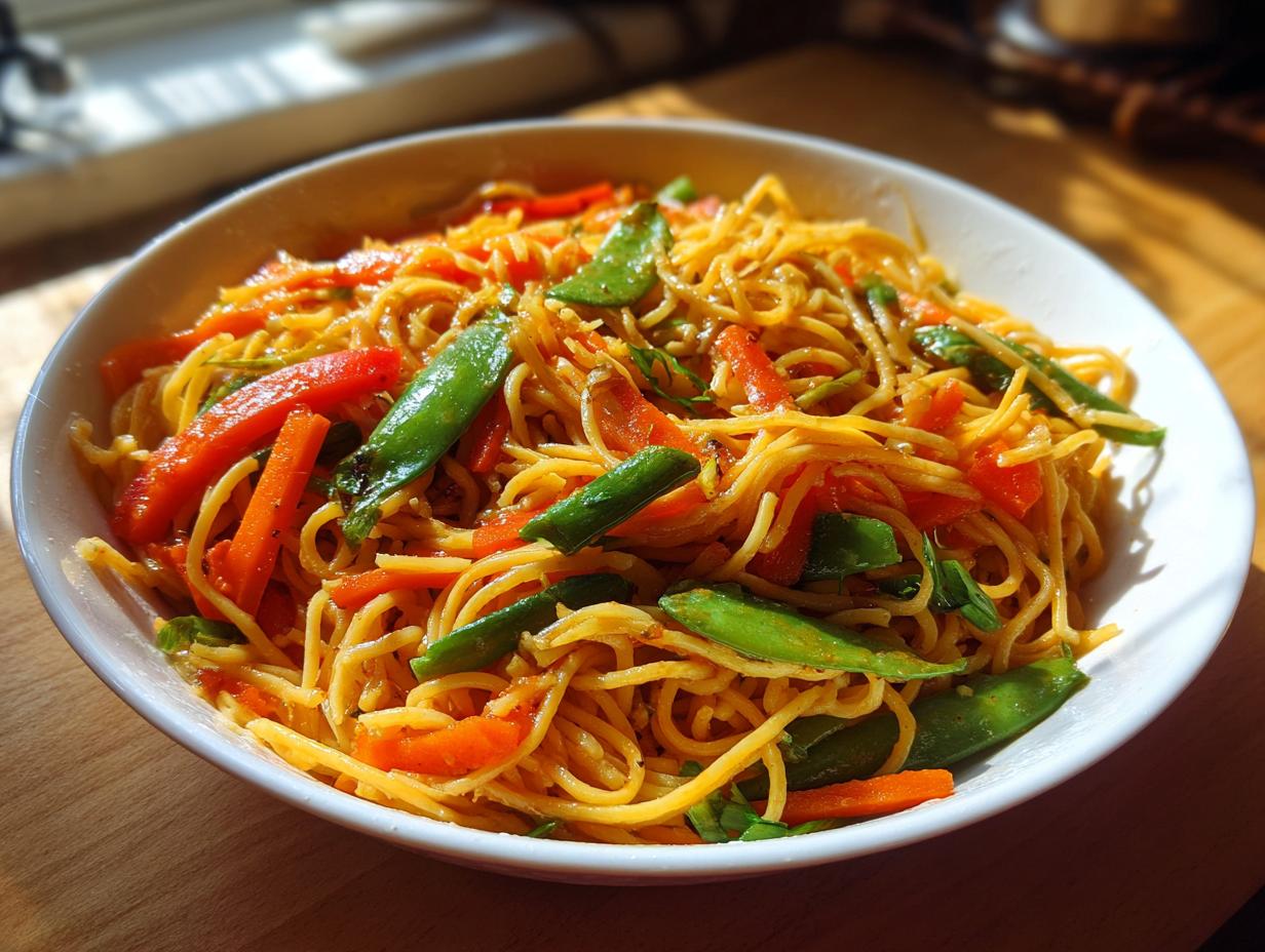A vibrant bowl of Asian pasta salad with noodles, carrots, snap peas, and a flavorful sauce. This is the perfect pasta salad asian recipe!