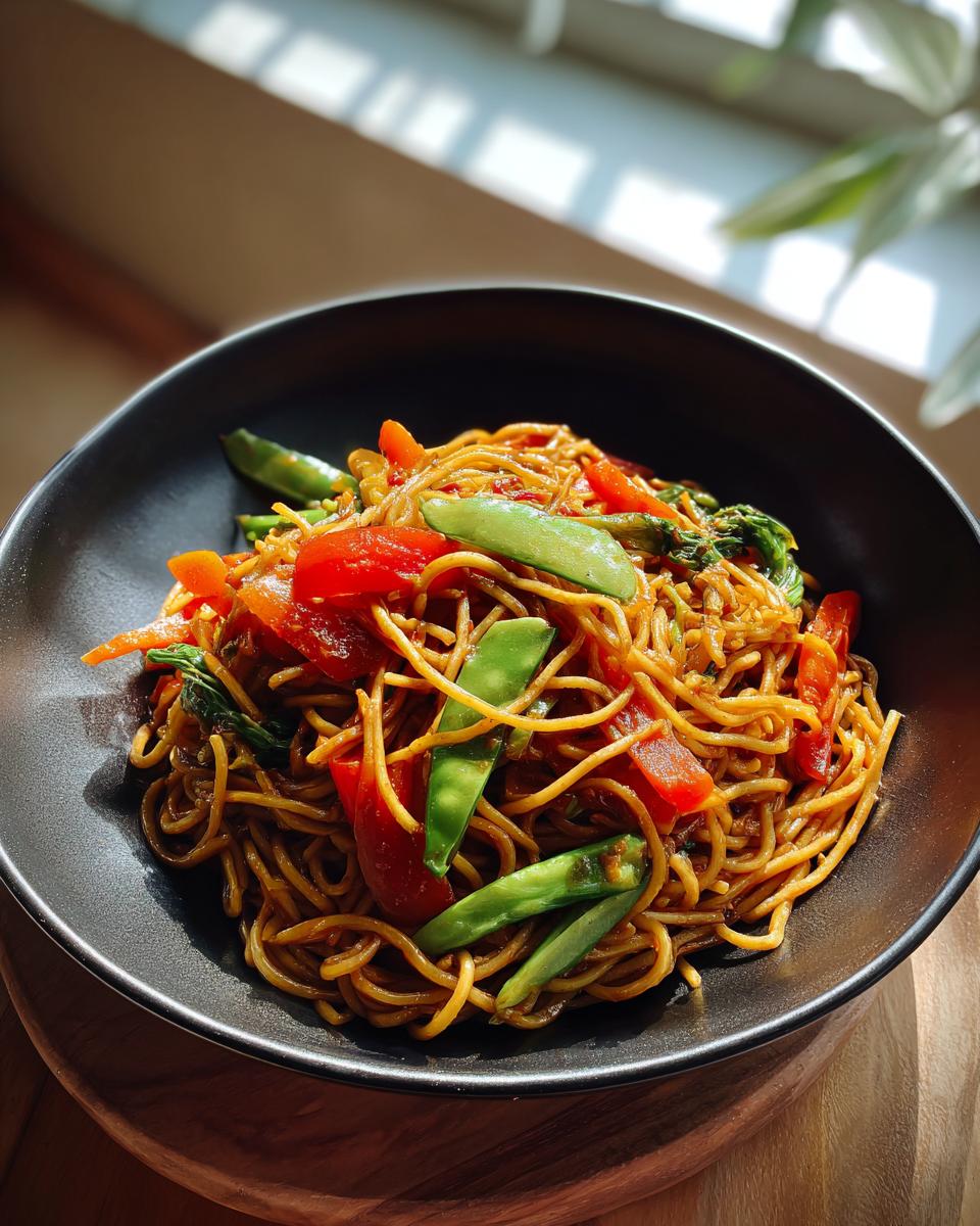 Close-up of Asian pasta salad with noodles, vegetables, and sauce in a black bowl.