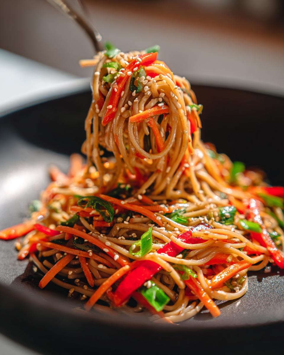 Close-up of Asian pasta salad with noodles, carrots, peppers, and sesame seeds.