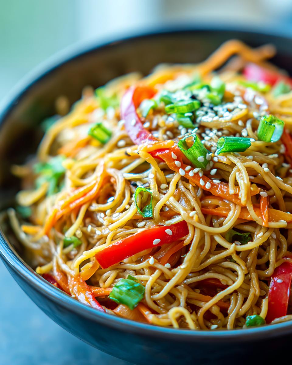 Close-up of a bowl of Asian pasta salad with noodles, carrots, peppers, and sesame seeds. This is a delicious pasta salad asian.
