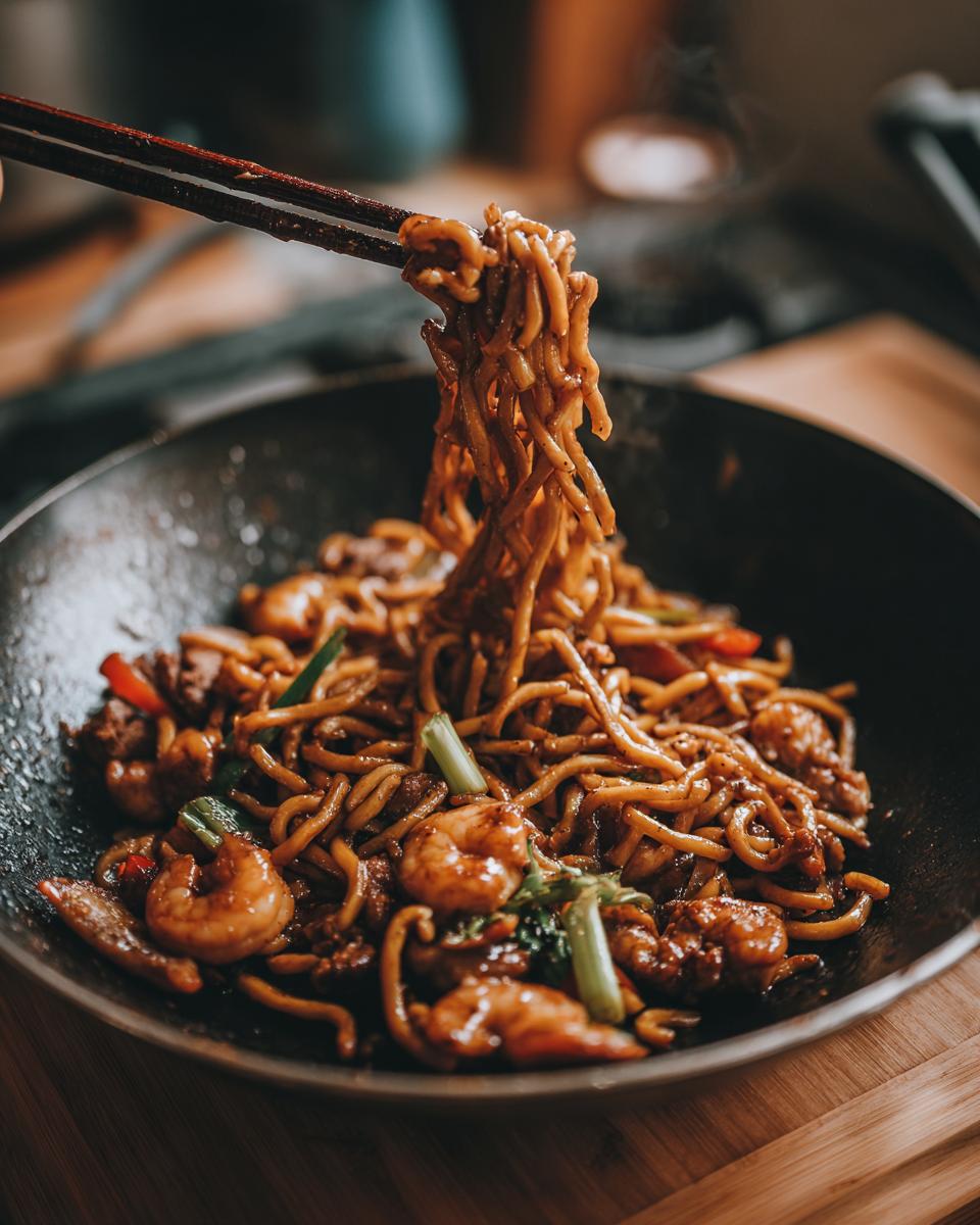 Close-up of Asian pasta salad with noodles, shrimp, and vegetables. The pasta salad asian is in a pan.