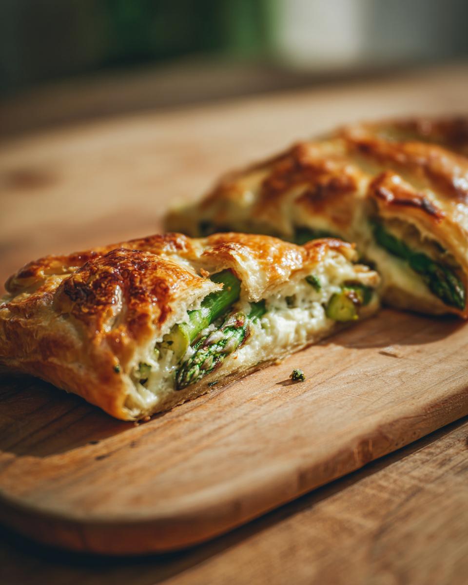 Close-up of a slice of Asparagus & Parmesan Tart, showing asparagus and cheese filling.