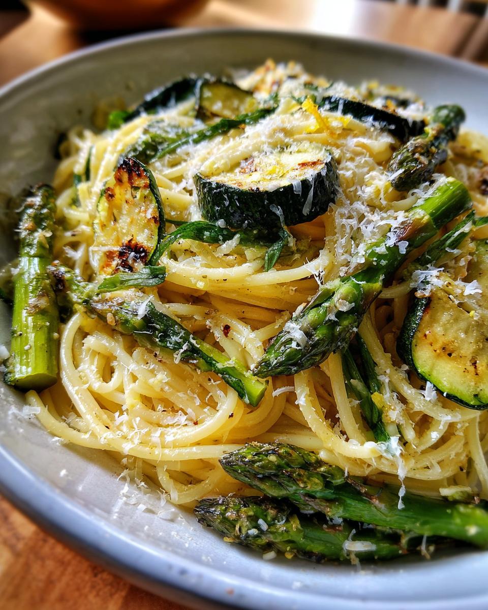 Close-up of asparagus and zucchini pasta salad with parmesan cheese.