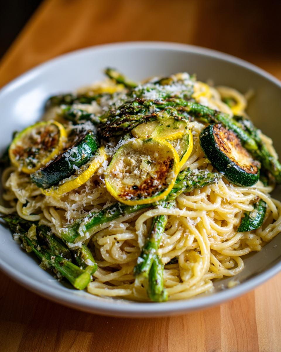 Close-up of a bowl of asparagus and zucchini pasta salad, garnished with cheese.