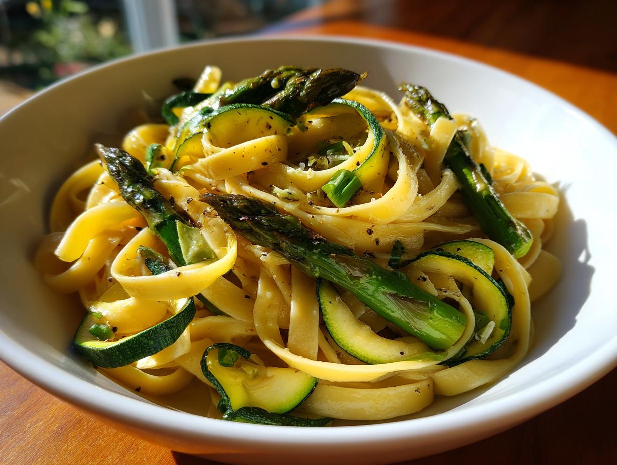 Close-up of a bowl of asparagus and zucchini pasta salad.