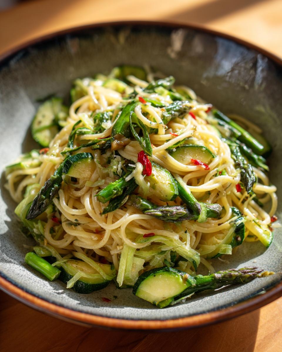 Close-up of a bowl of asparagus and zucchini pasta salad, a healthy and delicious meal.