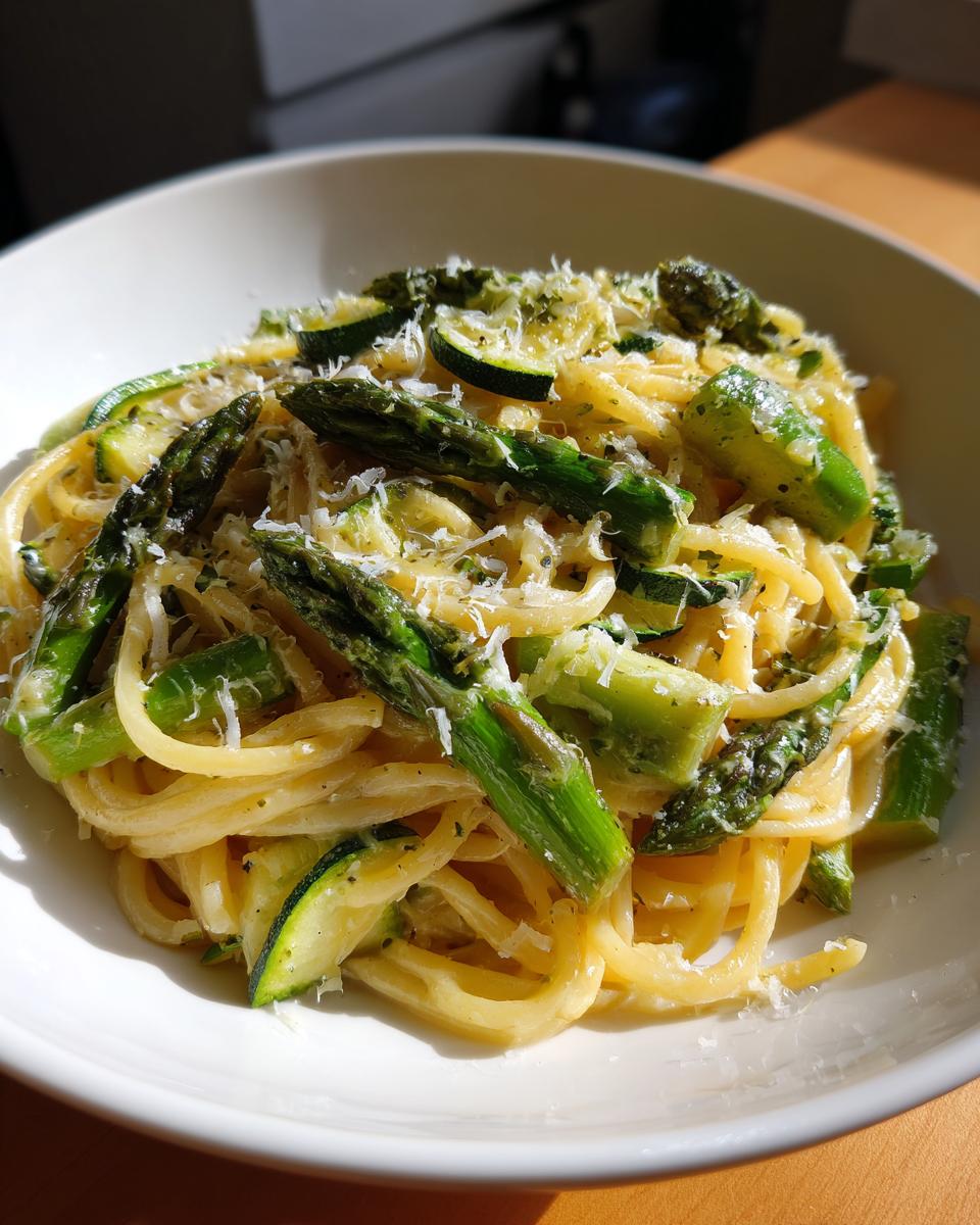 Close-up of asparagus and zucchini pasta salad in a white bowl, topped with cheese.