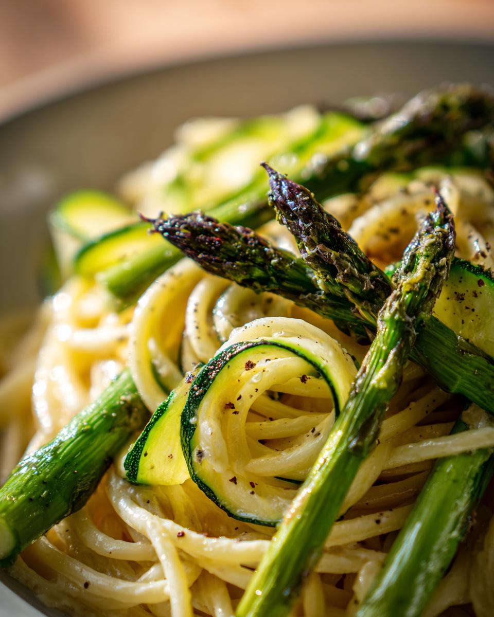 Close-up of asparagus and zucchini pasta salad with fresh ingredients.