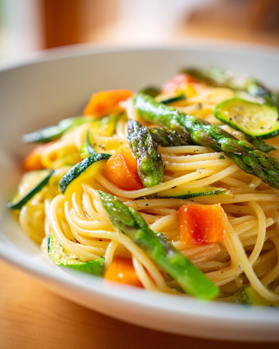Close-up of asparagus and zucchini pasta salad in a white bowl.