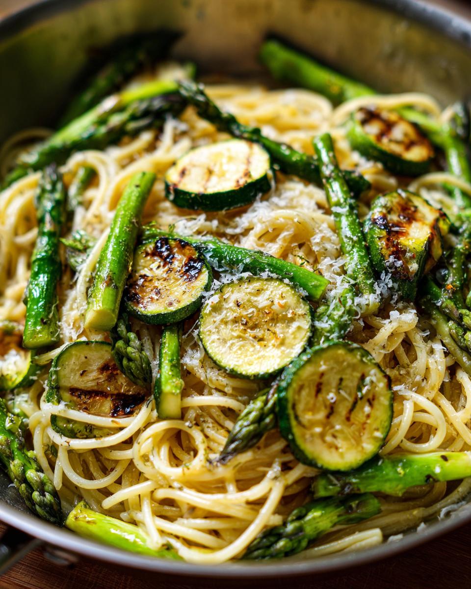 Close-up of asparagus and zucchini pasta salad with parmesan cheese.
