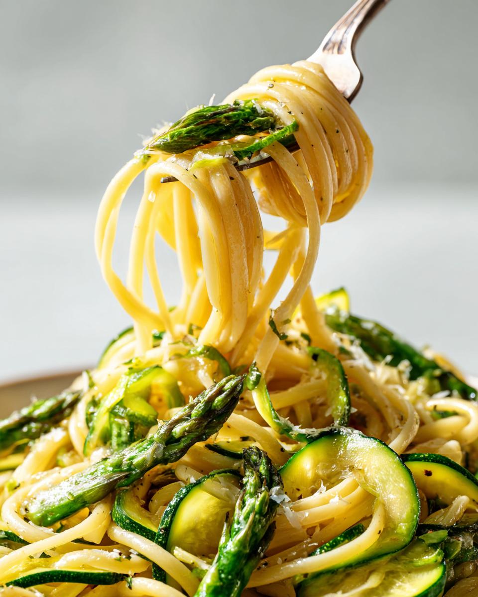 Close-up of asparagus and zucchini pasta salad on a fork, showing the fresh ingredients.