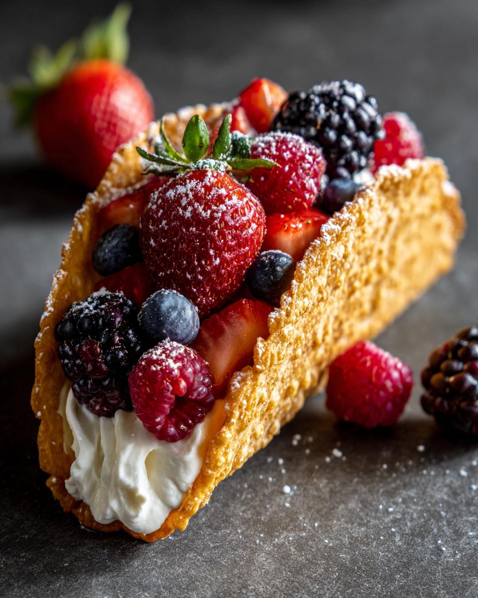 Close-up of a Berrylicious Cheesecake Taco filled with cream and fresh berries.