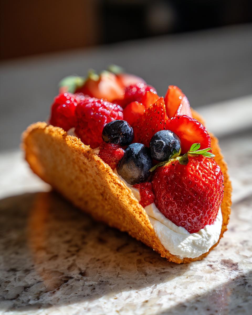 Close-up of a Berrylicious Cheesecake Taco filled with cream and fresh berries, including strawberries and blueberries.