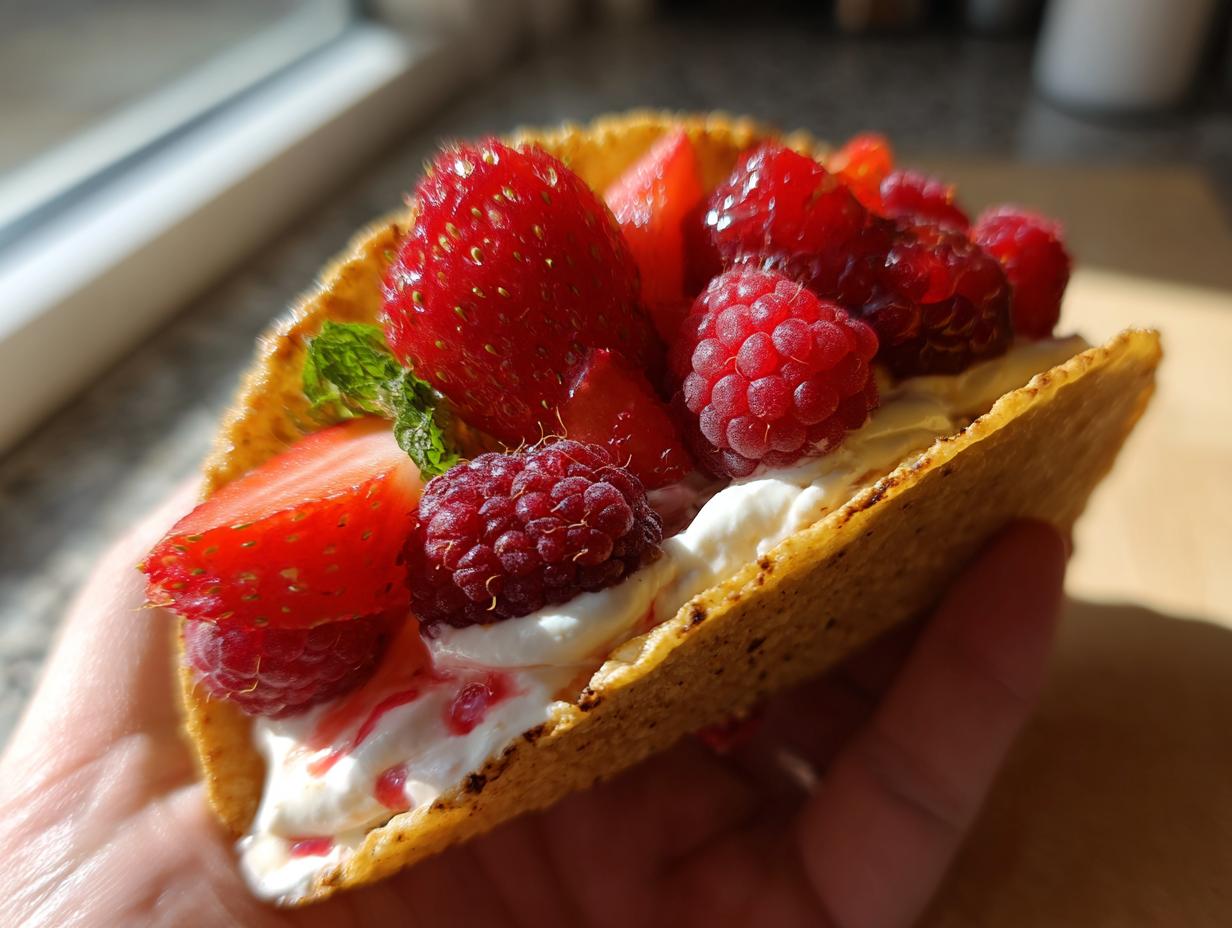 Close-up of a Berrylicious Cheesecake Taco filled with cream and topped with fresh berries.