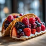 Close-up of two Berrylicious Cheesecake Tacos filled with fresh berries and cream, on a wooden surface.