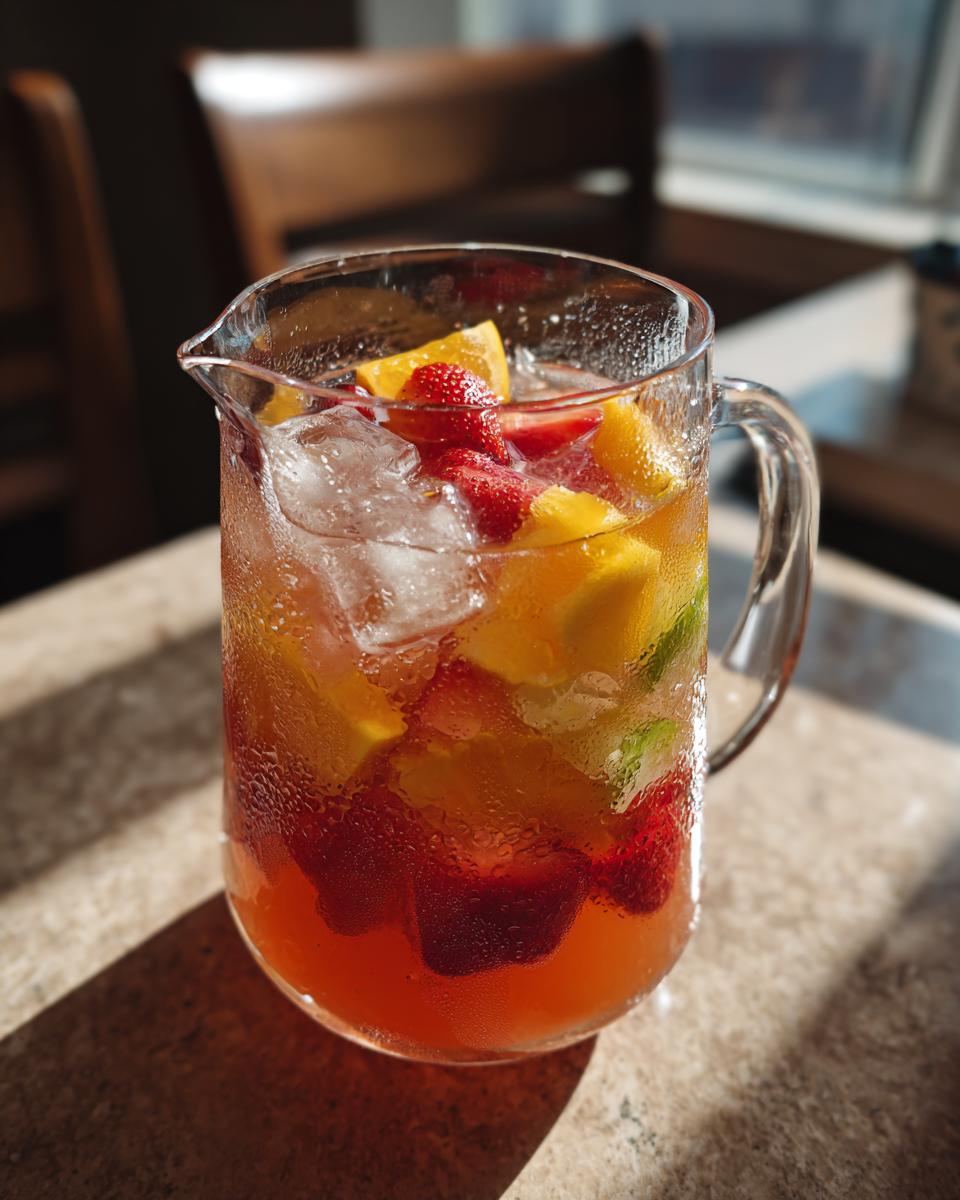 A pitcher of a refreshing big batch cocktail with strawberries, oranges, and ice.
