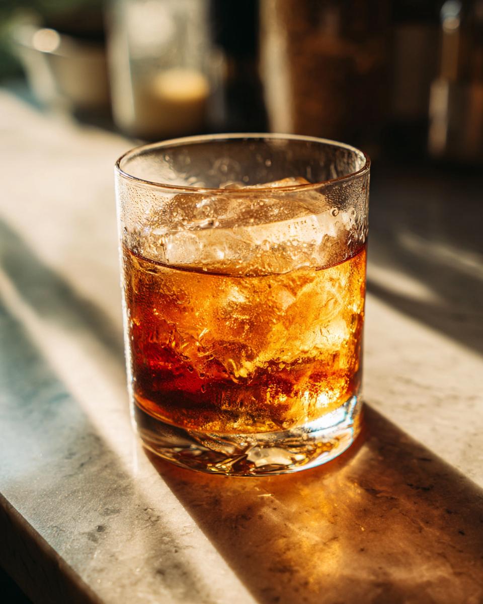 Close-up of a cocktail in a glass with ice, perfect for big-batch cocktails.