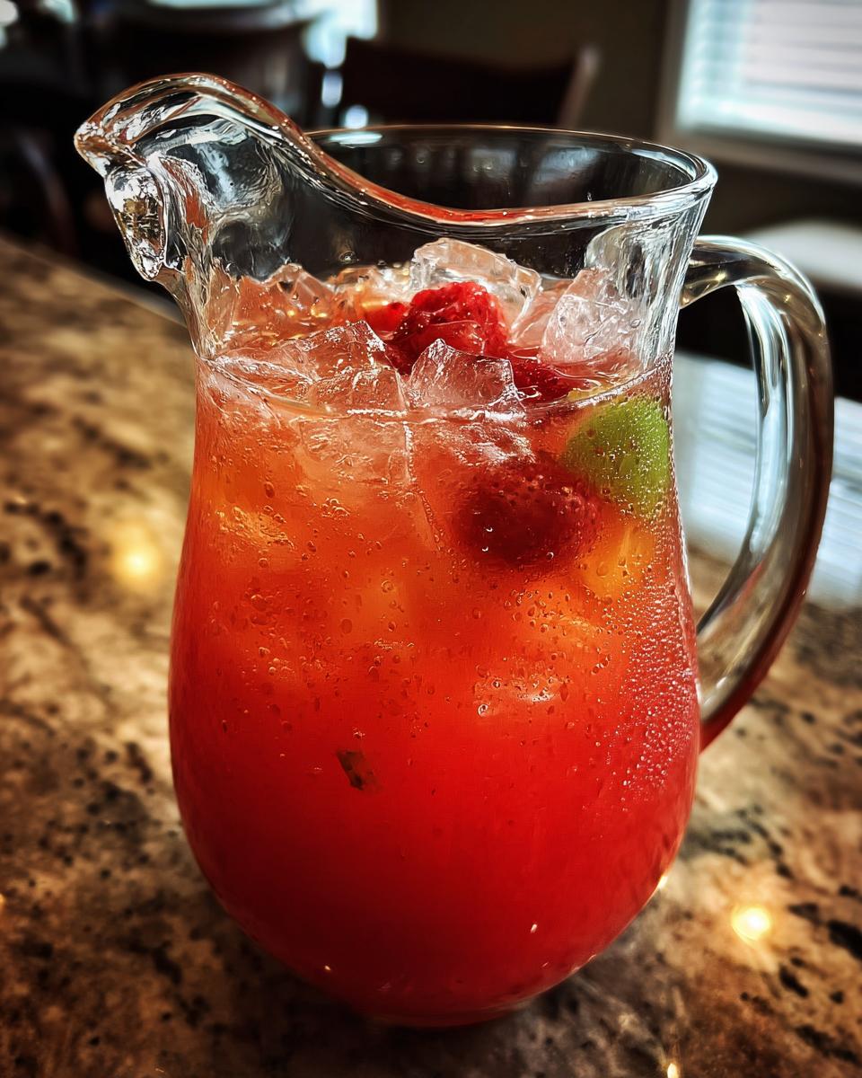 A pitcher filled with a red big batch cocktail, ice, and fruit, perfect for summer parties.