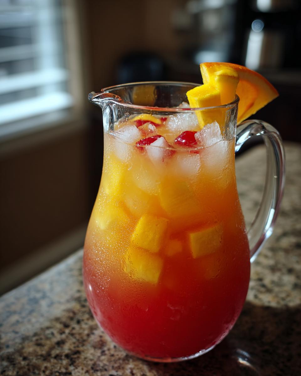 A colorful big batch cocktail in a glass pitcher, perfect for summer parties.