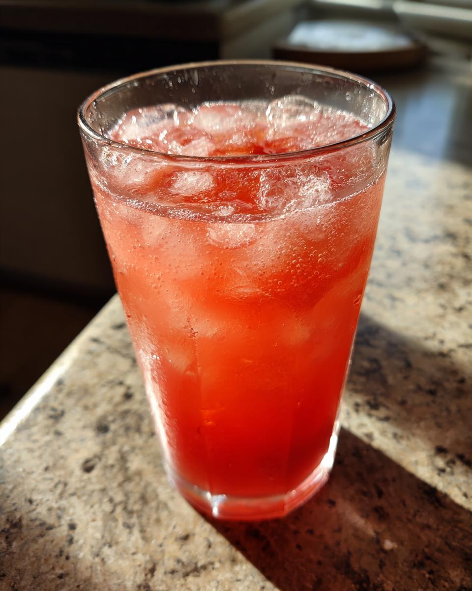 A tall glass filled with a red cocktail and ice, perfect for a big-batch cocktail.