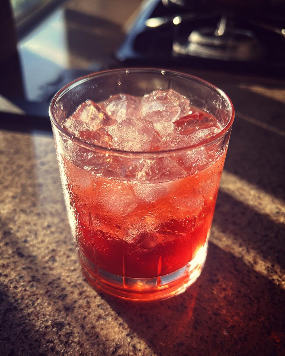Close-up of a red cocktail in a glass filled with ice; part of the 12 Big-Batch Cocktails.