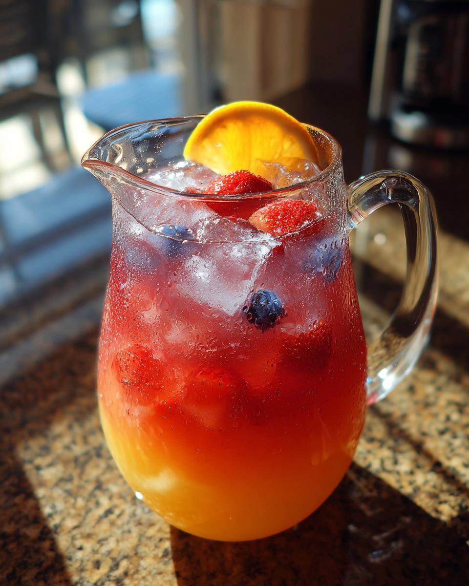Pitcher of a refreshing big batch cocktail with fruit and ice, perfect for summer parties.