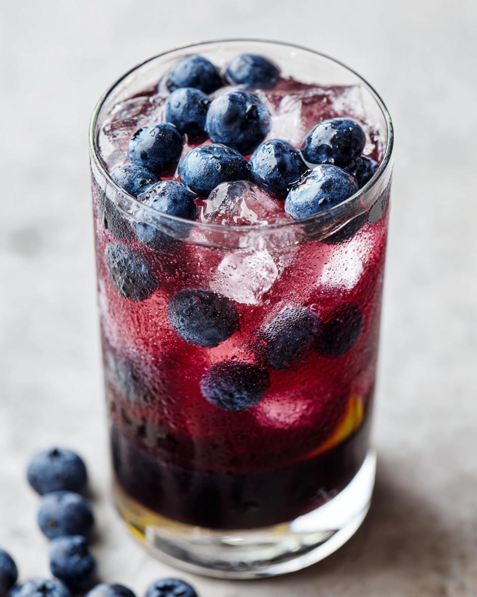 Close-up of a Blueberry Lemonade Vodka Smash cocktail with blueberries and ice.