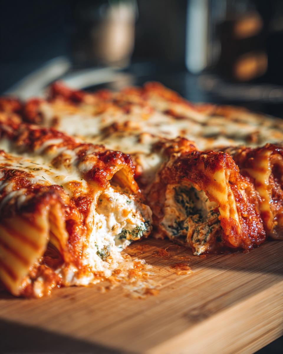 Close-up of Cheesy Baked Manicotti, showing the filling and melted cheese.