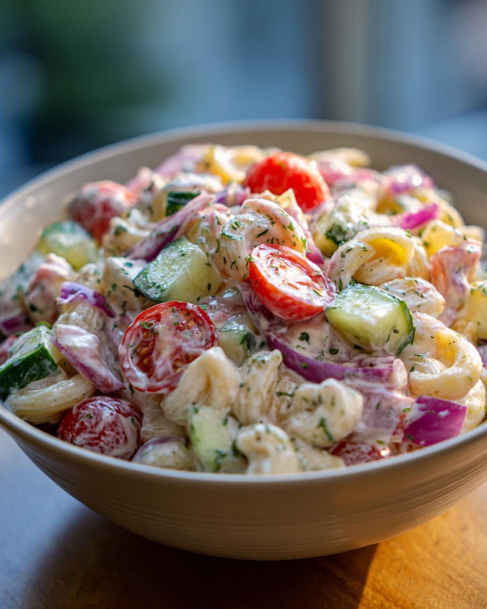 Close-up of chicken pasta salad with creamy Greek yogurt dressing, tomatoes, cucumbers, and red onion.