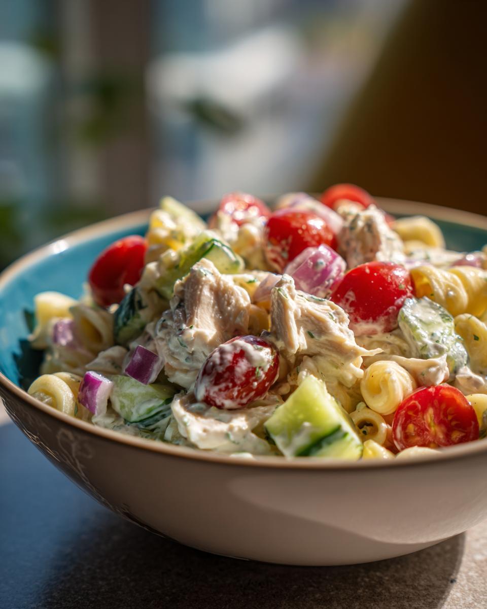Close-up of a bowl of chicken pasta salad with creamy greek yogurt dressing, tomatoes, and cucumber.