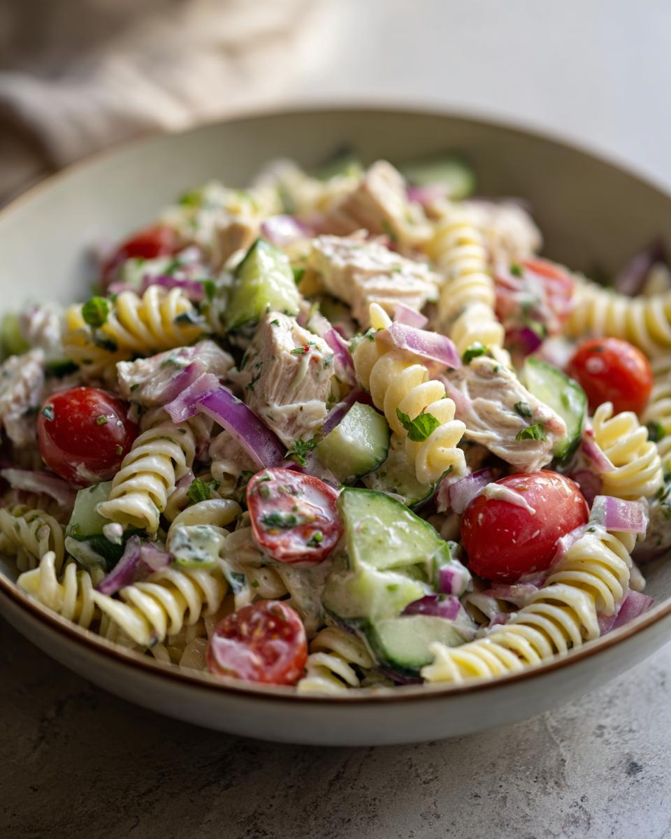 Close-up of a bowl of chicken pasta salad with creamy Greek yogurt dressing, tomatoes, cucumber, and red onion.