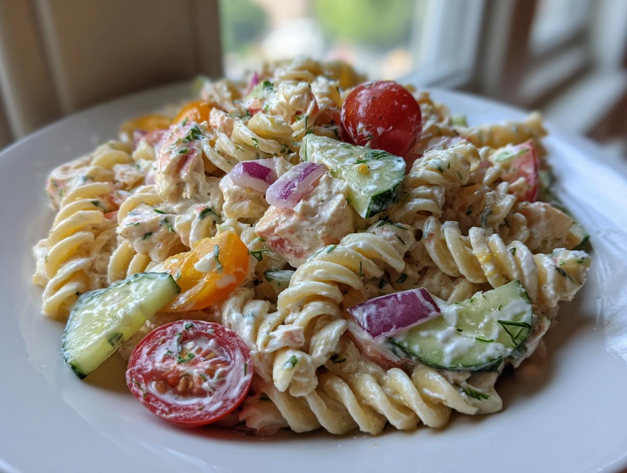 Close-up of chicken pasta salad with creamy greek yogurt dressing, tomatoes, cucumbers, and red onion.