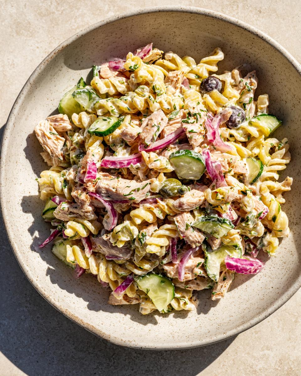 Overhead shot of chicken pasta salad with greek yogurt, cucumber, and red onion in a bowl.
