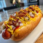Close-up of a Classic American Hot Dog with toppings, including bacon, onions, and mustard.