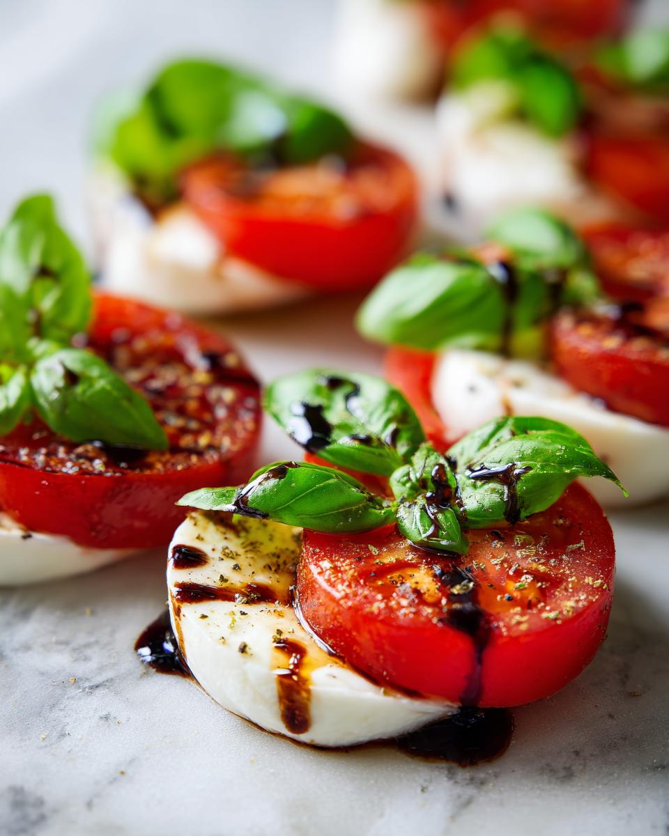Close-up of a Classic Caprese Salad with fresh basil, tomatoes, mozzarella, and aged balsamic glaze.
