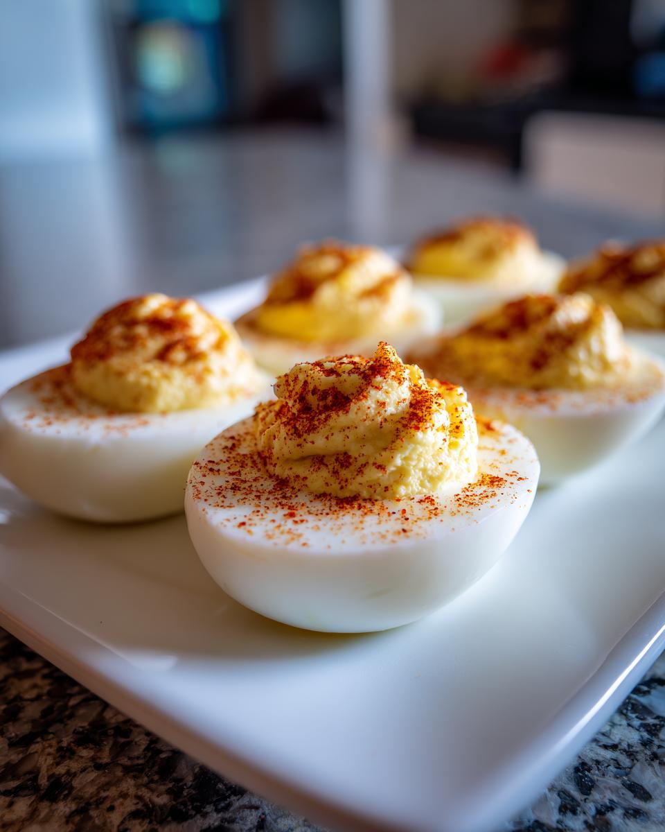 Close-up of classic deviled eggs, garnished with paprika, on a white plate. The perfect Classic Deviled Eggs.