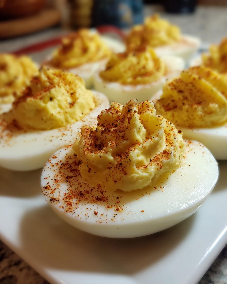 Close-up of a plate of Classic Deviled Eggs, garnished with paprika.